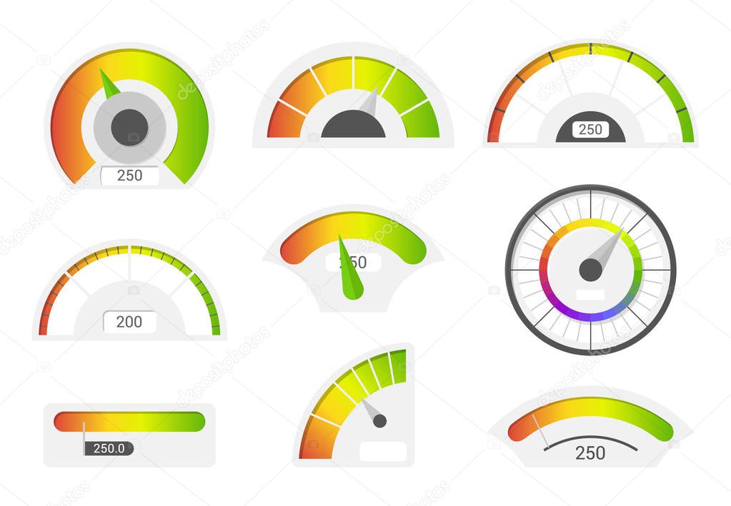 Speedometer icons. Credit score indicators. Speedometer goods gauge rating meter. Level indicator, credit loan scoring manometers vector set.