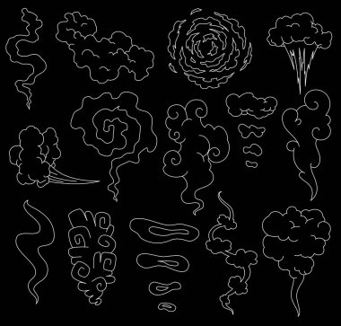 Kötü koku. Duman bulutları. Duman bulutları Sigara Buhar veya eski gıda vektör karikatür simgeleri pişirme süresi. Koku buharı, bulut aroma çizimi.