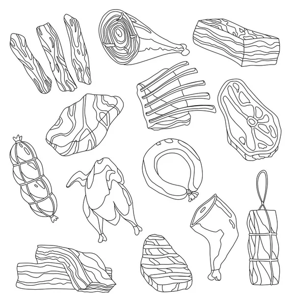 Conjunto de ilustrações para colorir carne fresca. Conjunto de produtos à base de carne apetitosos. Ilustração desenhada à mão - Vetor . — Vetor de Stock