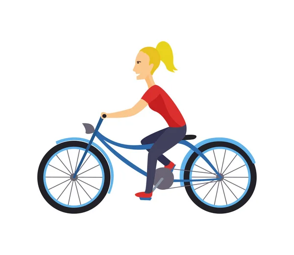 Diseño fresco del carácter del vector en la mujer joven adulta que monta bicicletas. Elegantes hipsters femeninos de pelo corto en bicicleta, vista lateral, aislados . — Vector de stock