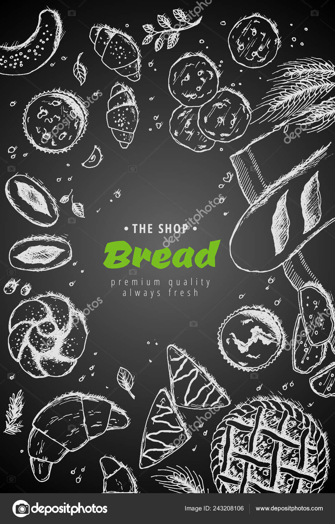 Vector bakery vintage background design. Hand drawn bread sketch  illustration with wheat, flour on dark background. Concept for bakery menu,  organic flour, grain and cereal products. Stock Vector Image by  © #243208106