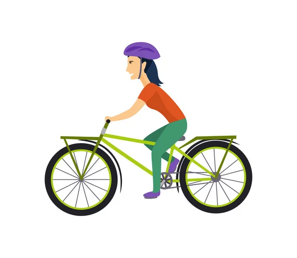 Diseño fresco del carácter del vector en la mujer joven adulta que monta bicicletas. Elegantes hipsters femeninos de pelo corto en bicicleta, vista lateral, aislados . — Vector de stock