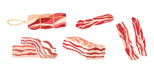 Ícone de bacon colorido com três rashers de bacon de porco gordo isolado em branco. Conjunto de carnes isoladas coloridas e aves para ilustração de tabela calórica . — Vetor de Stock