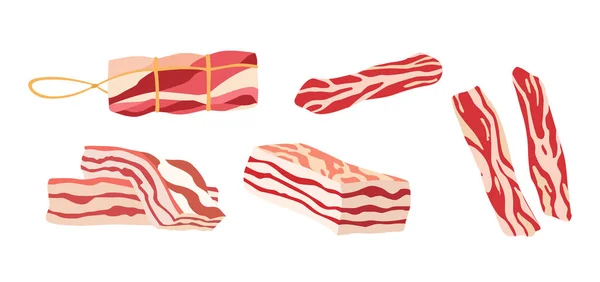 Icono de tocino de color con tres arandelas de tocino de cerdo graso aisladas en blanco. Conjunto de coloridas carnes aisladas y aves de corral para ilustración de mesa calórica . — Vector de stock