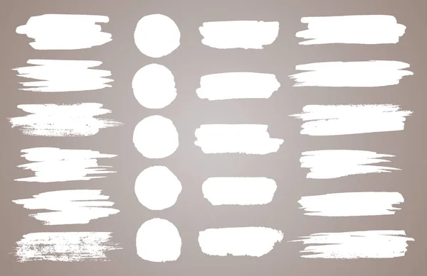 Set of white ink vector stains. Vector black paint, ink brush stroke, brush, line or round texture. Dirty artistic design element, box, frame or background for text.