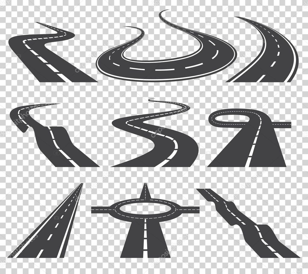 Curved roads vector set. Asphalt road or way and curve road highway. Winding curved road or highway with markings.