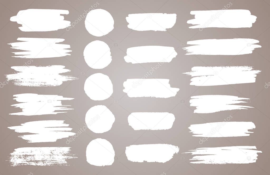 Set of white ink vector stains. Vector black paint, ink brush stroke, brush, line or round texture. Dirty artistic design element, box, frame or background for text.