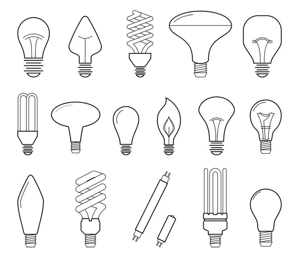 Línea vectorial ilustración de los principales tipos de iluminación eléctrica: bombilla incandescente, lámpara halógena, cfl y lámpara led. Colección de iconos planos . — Vector de stock