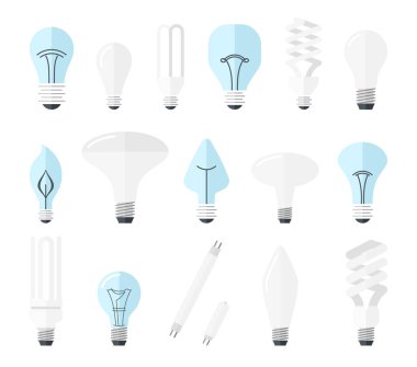 Vektör çizimi ana elektrik aydınlatma türleri: akkor ampul, halojen lamba, cfl ve led lamba. Düz stil.