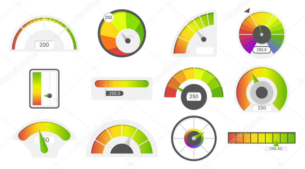 Speedometer icons. Credit score indicators. Speedometer goods gauge rating meter. Level indicator, credit loan scoring manometers vector set.