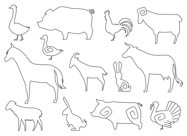 Vector Farm Animals Silhouettes for coloring book Isolated on White. — Stock Vector