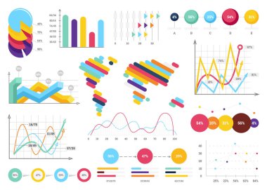 En yararlı Infographic öğeleri - çubuk grafikler, Dünya Haritası, pasta grafikler, adımları ve seçenekleri, iş akışı, puzzle, yüzdeleri, daire diyagram, zaman çizelgesi, vektör çizim kümesi.