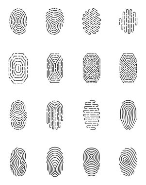 Siyah parmak baskı seti beyaz arka plan üzerinde izole. Öğeleri tanıma sistemleri, güvenlik anlayışı, apps simgeler. Vektör çizim.
