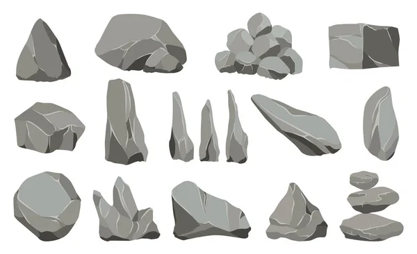 Rock stenen. Grafiet steen, kolen en rotsen stapel voor wand- of berg kiezel. Grind keien, grijze stenen heap cartoon geïsoleerd vector pictogrammen illustratie set. — Stockvector