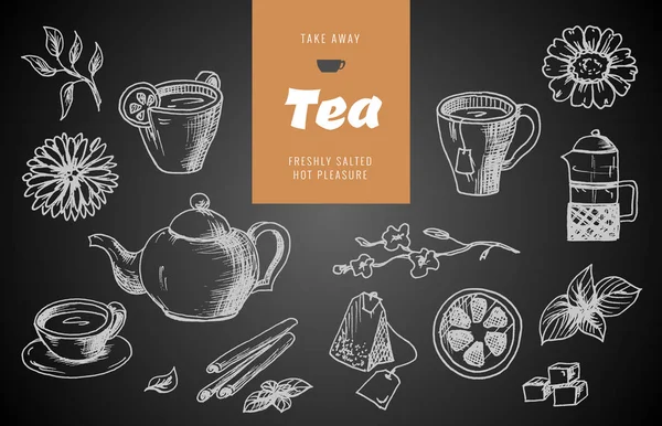 Collection of hand drawn sketches on the theme of tea. — Stock Vector