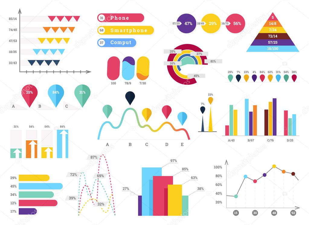 Set of most useful infographic elements - bar graphs, pie charts, steps and options, workflow, puzzle, percents, circle diagram, timeline, vector illustration.