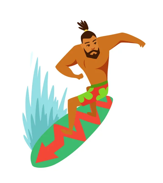 Junger Mann surft auf einem Surfbrett in der Wellenvektorillustration. — Stockvektor