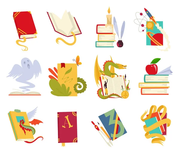 Icons of books vector set with dragon, bird feathers, candle, aple, bookmark and ribbon. Books in a stack, open, in a group, closed. Historical, scientific, fantastic, fairy tales, medieval, vintage.
