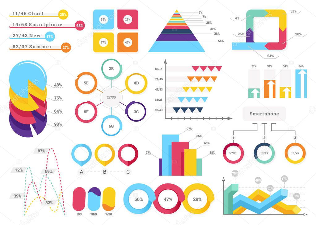 Set of most useful infographic elements - bar graphs, pie charts, steps and options, workflow, puzzle, percents, circle diagram, timeline, vector illustration.