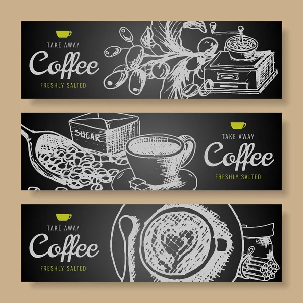 Ręka wektor kreskówka doodles kawy tożsamości korporacyjnej. Design café menu poziome banery. Zestaw szablonów filiżanka kawy. — Wektor stockowy