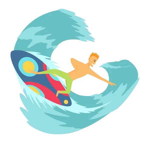Mladý muž surfboarder koni surfovací prkno v illustartion vektor vlna. — Stockový vektor