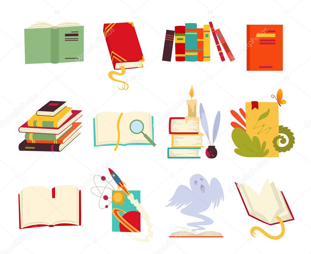 Icons of books vector set design style with dragon, bird feathers, candle, bookmark and ribbon. Books in a stack, open, closed. Historical, scientific, fantastic, fairy tales, medieval, vintage.