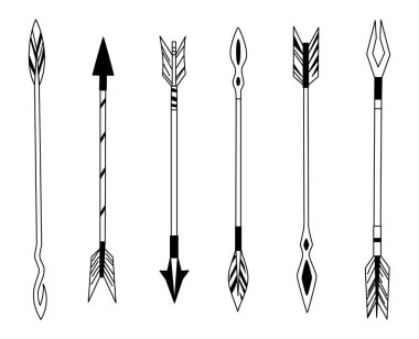 Elle çizilmiş tüy ok, işaretçi ve dekoratif boho bow, tüy Hint ok ucu kabile tüyler. Yerli aztec veya hipster dövme izole sketch vektör kümesi simgeleri.
