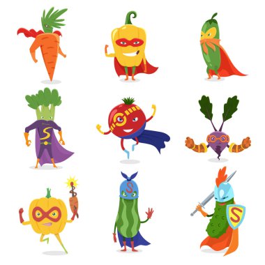Süper kahraman sebze içinde maskeleri ve burunları, şirin çocukça ayarla kostümleri insanlaşmış karakter karikatür. Yararlı vitaminler, sağlıklı yeme.