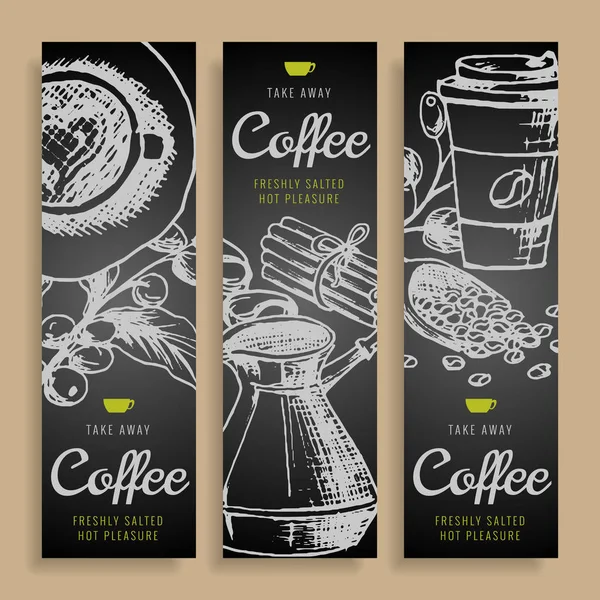 Dessin animé vecteur dessiné à la main gribouille café identité d'entreprise. Bannières verticales menu café design. Modèles de tasse de café ensemble . — Image vectorielle