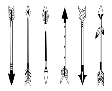Elle çizilmiş tüy ok, işaretçi ve dekoratif boho bow, tüy Hint ok ucu kabile tüyler. Yerli aztec veya hipster dövme izole sketch vektör kümesi simgeleri.
