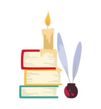 Vektör çizim renk kitap, mum ve yazım tüy kalemi.