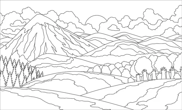 Verão paisagem montesa livro para colorir. ilustração do vetor do vale . — Vetor de Stock