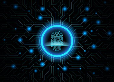 Siber Güvenlik parmak izi koyu mavi soyut dijital kavramsal teknolojik altyapı. Bilgisayar teknoloji Web sitesi internet infographics. Parmak izi tarama. El yazdırma.