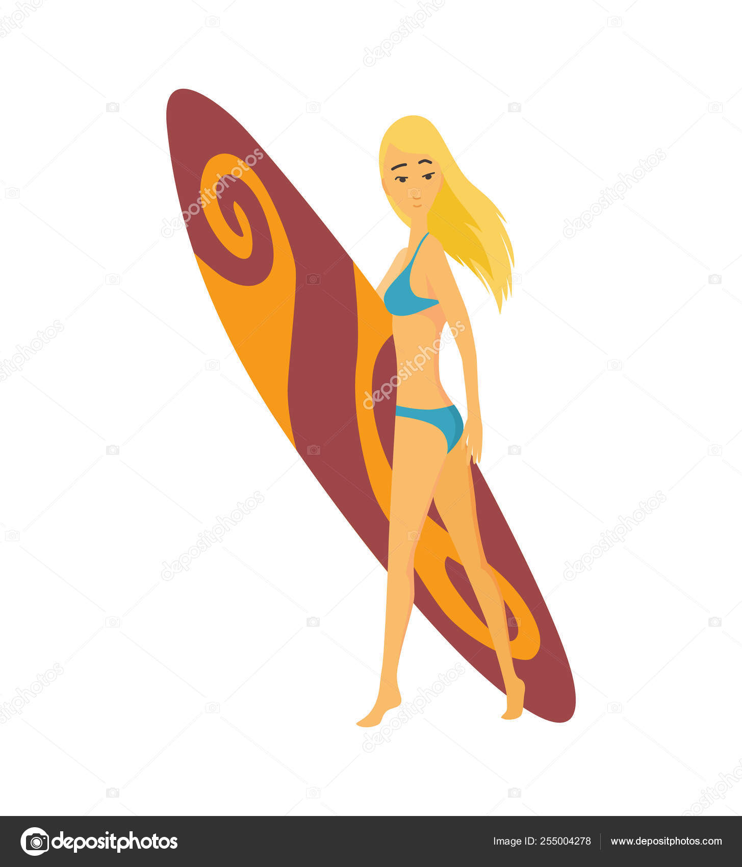Summer Surfing Vector Illustration Of Blonde Girl Or Young Woman