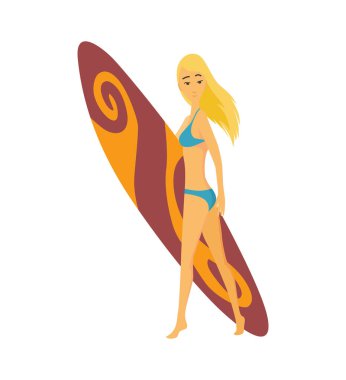Sarışın kız veya kadın sörfçü renk surfboard ile yaz sörf vektör çizim. Yaz spor aktivite ve deniz eğlence hobi için çizgi film poster.