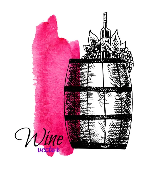 Wine degustation concept in hand drawn design. Barrel, grapes bottle of wine on watercolor red background. — Stock Vector