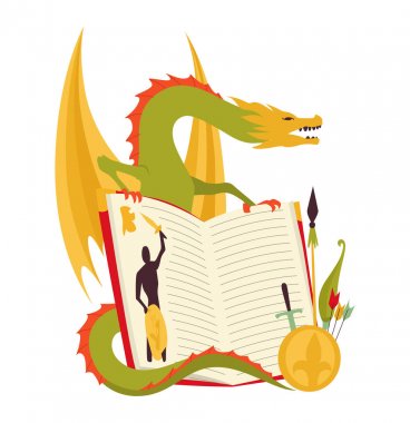 Masal kitap kavramı - kötü ejderha, cesur savaşçı ile çocuk illüstrasyon. Hayal gücü bir çocuk fantezi kitabında hayata geliyor.