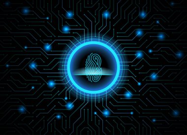 Siber Güvenlik parmak izi koyu mavi soyut dijital kavramsal teknolojik altyapı. Bilgisayar teknoloji Web sitesi internet infographics. Parmak izi tarama. El yazdırma.
