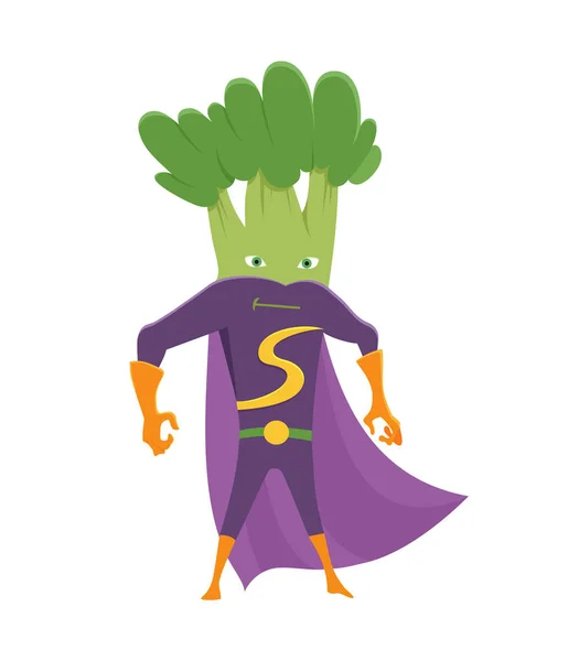 Broccoli funny icon. Superhero vegetable flat illustration of cartoon broccoli vector icon isolated on white background.