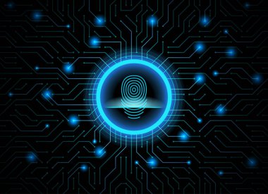 Siber Güvenlik parmak izi koyu mavi soyut dijital kavramsal teknolojik altyapı. Bilgisayar teknoloji Web sitesi internet infographics. Parmak izi tarama. El yazdırma.