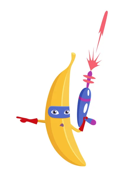 Bananenfrucht im Superheldenkostüm. Konzept der gesunden Ernährung, natürliche vegetarische Bio-Produkte. süße Fruchtbanane im Mantel Superheld in Maske. — Stockvektor