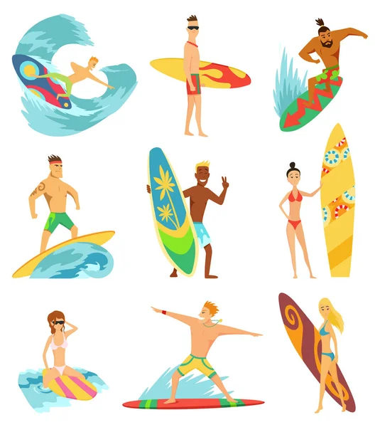 Surfboarders jízda na vlnách sada, surfař mužů s prkna v různých pózách vektorové ilustrace. — Stockový vektor