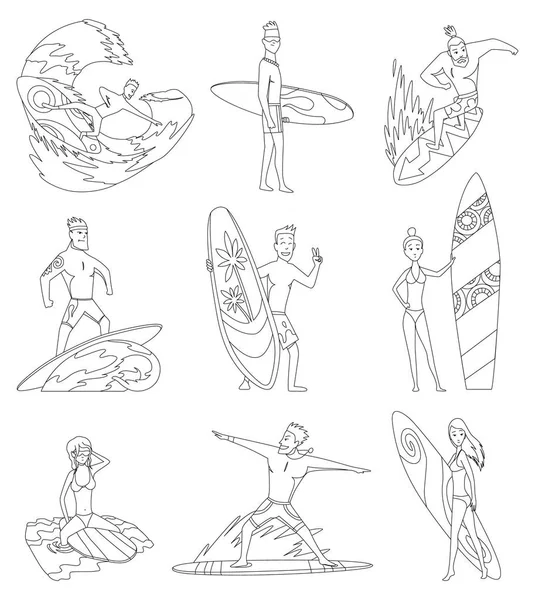 Surfboarders libro para colorear montar en olas conjunto, surfista hombres con tablas de surf en diferentes poses vector ilustraciones . — Archivo Imágenes Vectoriales