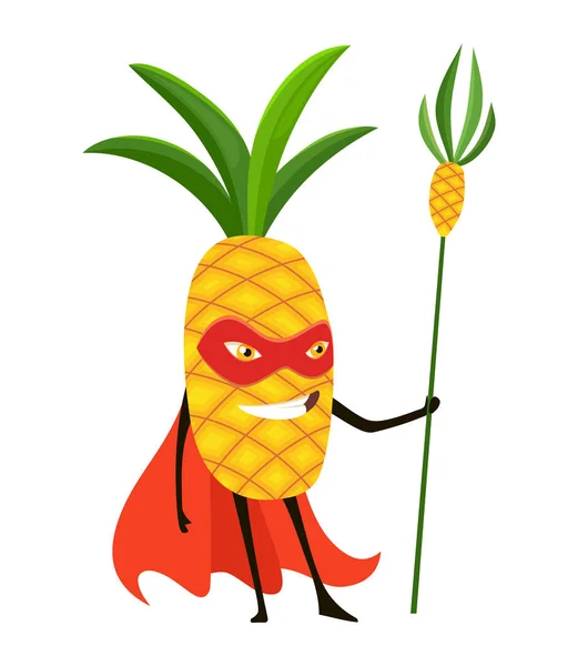 Niedlichen Karikatur lächelnden Ananas Superhelden in Maske und rotem Umhang, bunte humanisierte Frucht Charakter Vektor Illustration. — Stockvektor