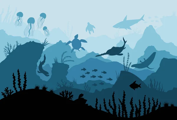 水中動物。深海植物、魚や動物。海草、水中の魚、サンゴの動物のシルエット、藻類海藻漫画の背景イラスト. — ストックベクタ