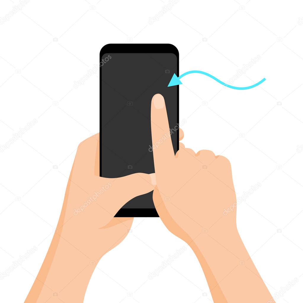 Hand holding smartphone with quick tutorial on the screen. Touch screen gesture. Vector flat cartoon illustration for advertising, app, web sites, banners design. Arrow scroll up. Unlock device.