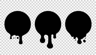 Şu anki boya, lekeler. Şu anki düşüşler. Geçerli mürekkepler. Boya damlama. Damlama sıvısı. Boya akar. Vektör illüstrasyon. Renk kolay edin. Saydam arka plan.