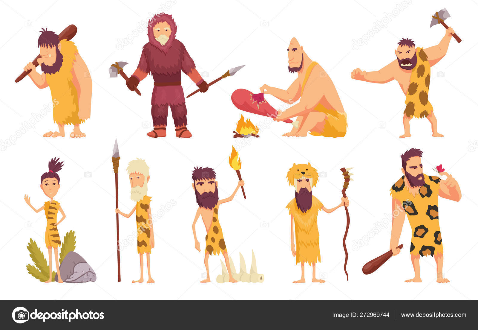 Primitive people in stone age cartoon icons set with cavemen pelt with  weapon and ancient animals isolated vector illustration. Stock Vector Image  by © #272969744