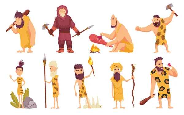 Personas primitivas en la edad de piedra iconos de dibujos animados con piel de cavernícola con el arma y animales antiguos ilustración vectorial aislado . — Vector de stock