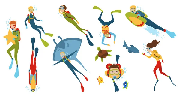 Set van stripfiguren. Onderwater divers man en vrouw met snorkel en masker, vectorillustratie. — Stockvector